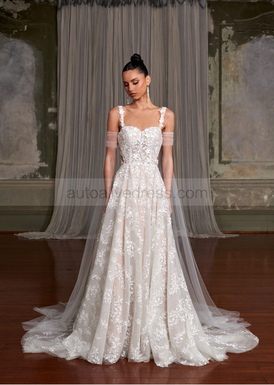 Beaded Ivory Lace Tulle Slit Wedding Dress With Detachable Cape